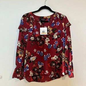 NWT Ellen Tracy Floral Ruffle Blouse Eyelet Scallop Small $79 Burgundy